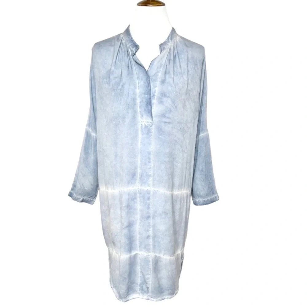 Anthropologie Blue Tie Dye 3/4 Sleeve High-Low Chambray Tunic Shirtdress - Picture 1 of 10